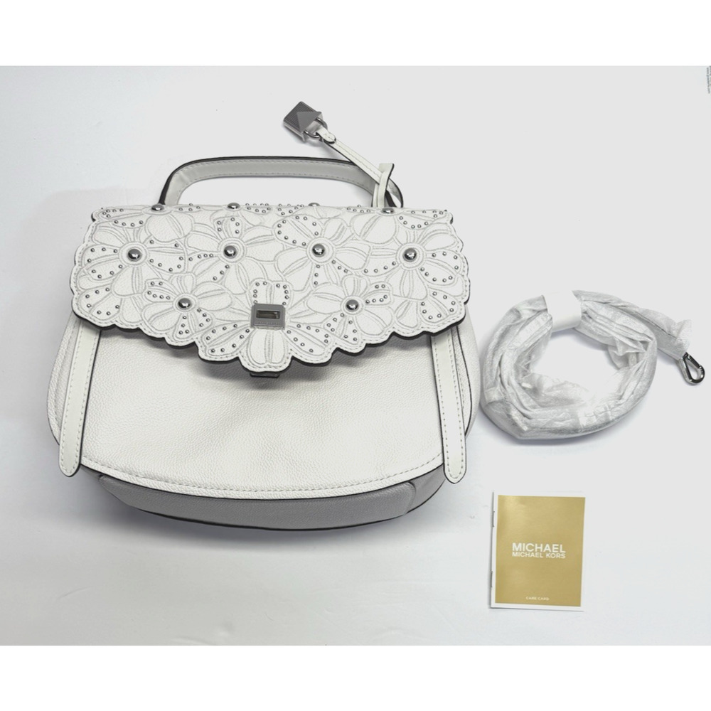 Michael Kors Cassie Large Satchel Leather Handbag Optic White Floral Cutout New - Picture 13 of 14